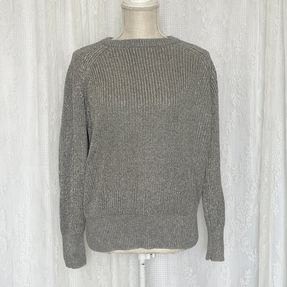 Callahan Womens Sweater Medium Gray Chunky Cable Knit Silver Crewneck Metallic